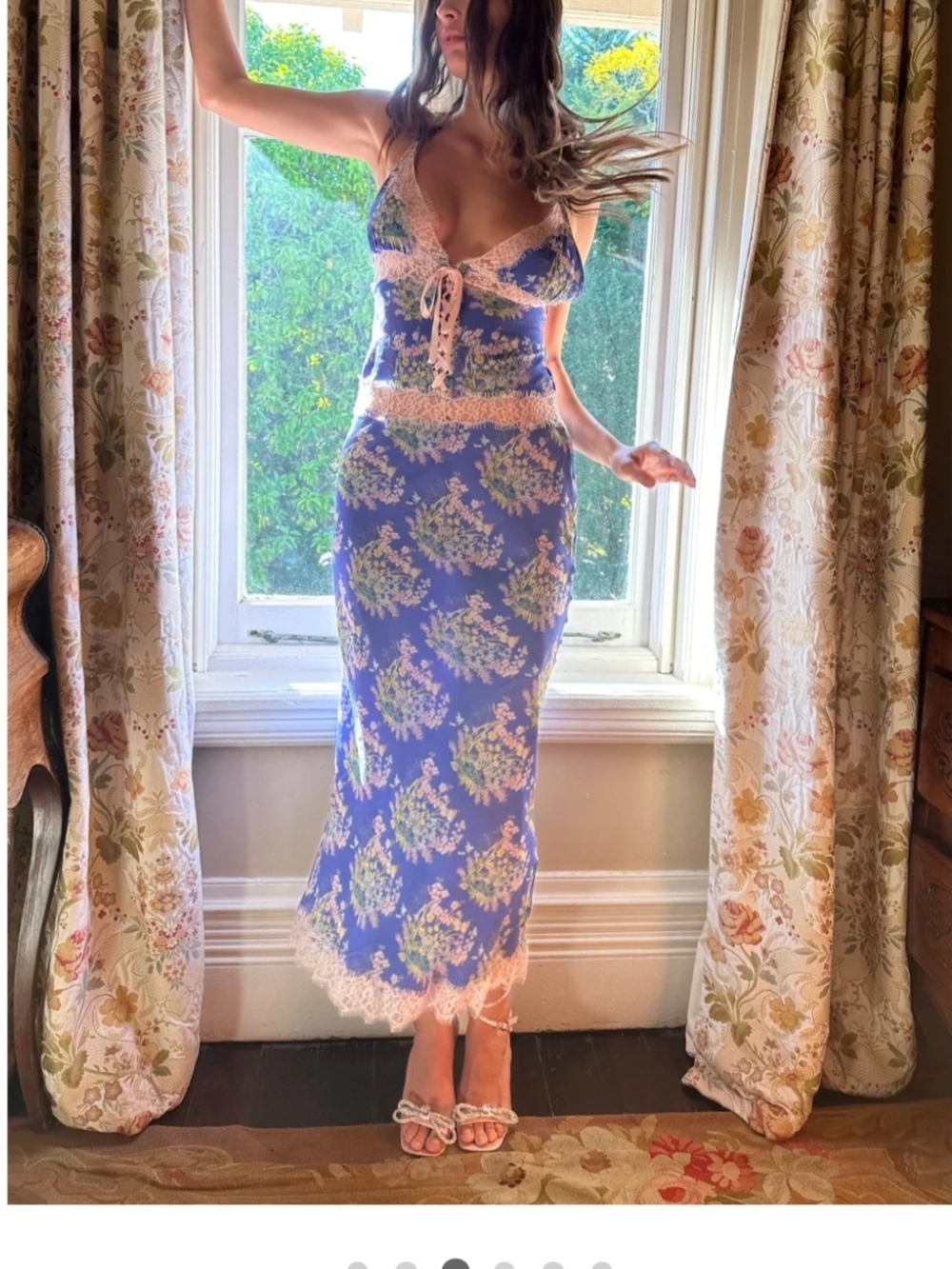 Fillyboo Blue Floral Lace-Trim Maxi Dress with Pink Lace Tie